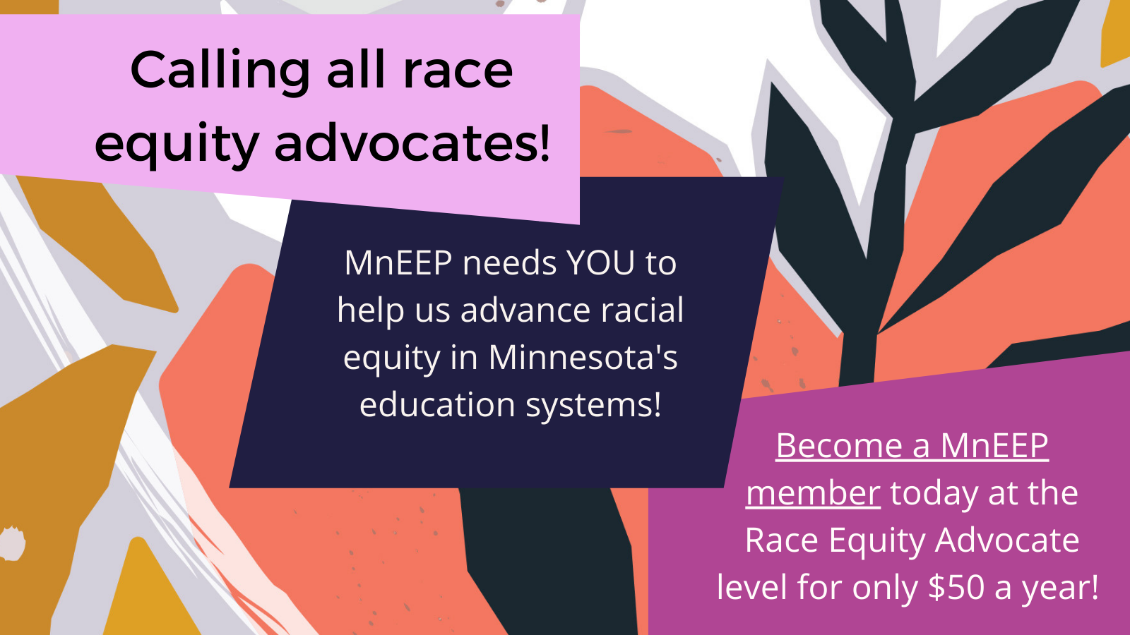 Calling all race equity advocates! MnEEP needs YOU to help us advance racial equity in Minnesota's education systems! Become a MnEEP member today at the Race Equity level for only $50 a year!