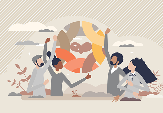 graphic illustration of educators and parents celebrate equity in education