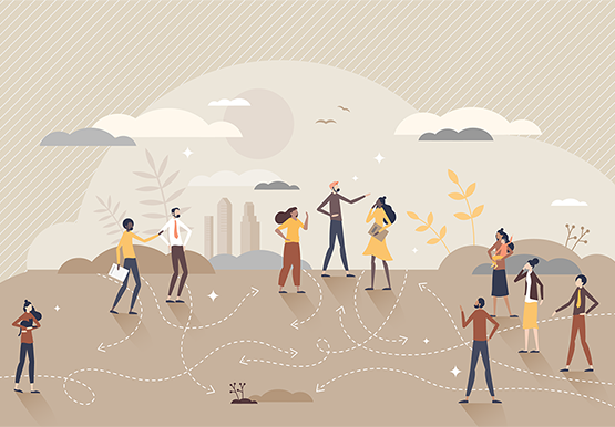 equity-pathways-single graphic illustration of educators, administrators and the community on a pathway to equity in education