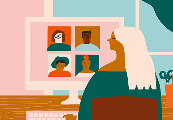 graphic illustration of educators, administrators and legislators meeting over a virtual call