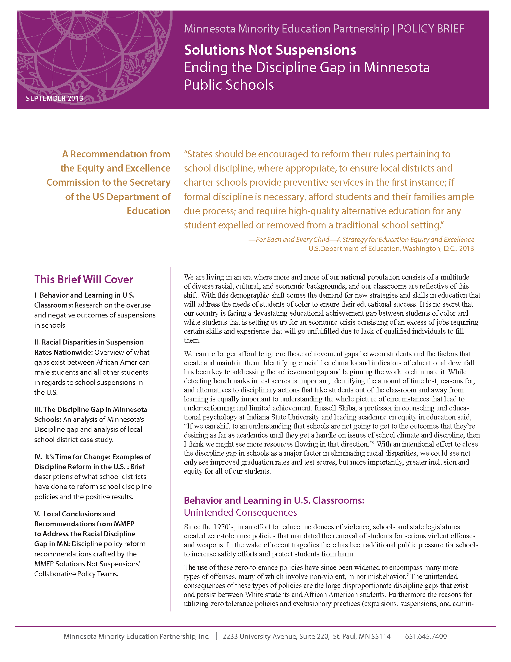 Solutions not Suspensions - ending the discipline gap in Minnesota Public Schools